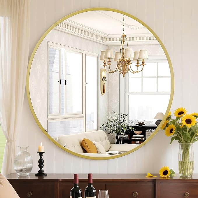 Sweetcrispy 24 Inch Round Wall Mirror with Tempered Glass, Bathroom Mirror Over Sink, Anti-Fog & Waterproof Round Mirrors for Bathroom, Entryway, Bedroom, Shatterproof Design, Gold