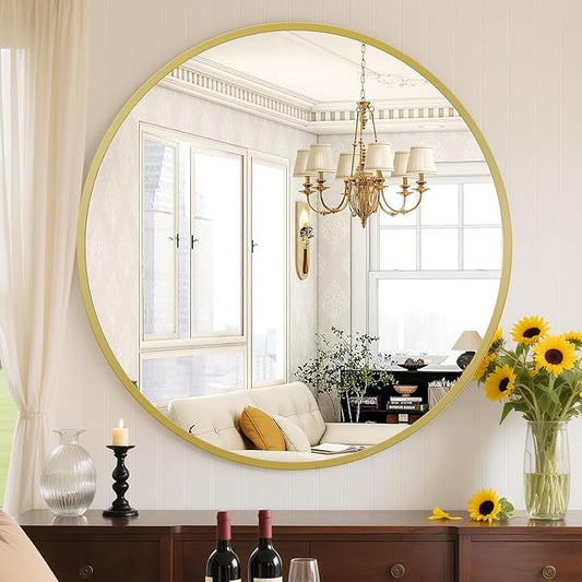 Sweetcrispy 24 Inch Round Wall Mirror with Tempered Glass, Bathroom Mirror Over Sink, Anti-Fog & Waterproof Round Mirrors for Bathroom, Entryway, Bedroom, Shatterproof Design, Gold