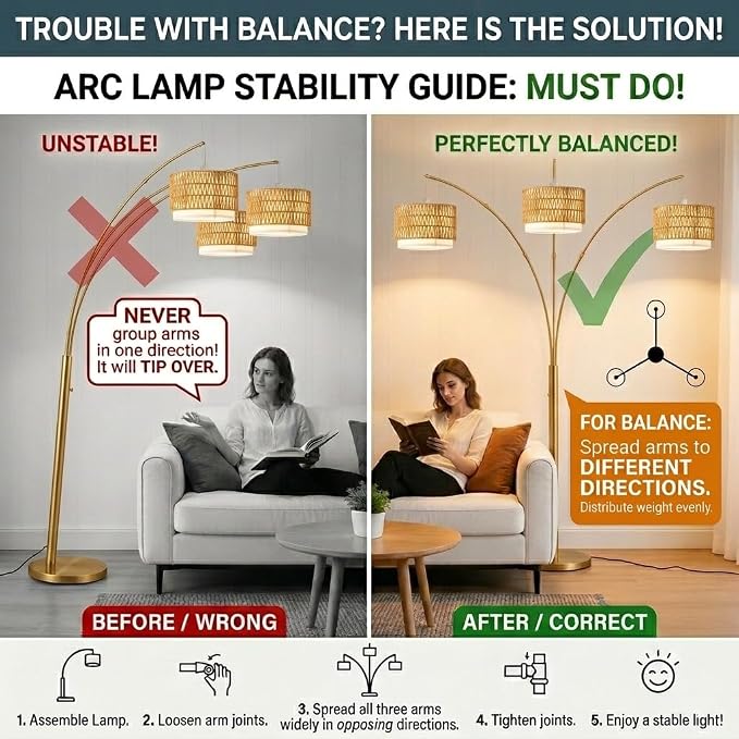 Gold Arc Floor Lamp for Living Room, Boho Floor Lamp with Stepless Dimmable Switch, Rattan Standing Lamp with Wicker&Fabric Shade, Mid Century Tall Lamp for Bedroom Over Couch Reading