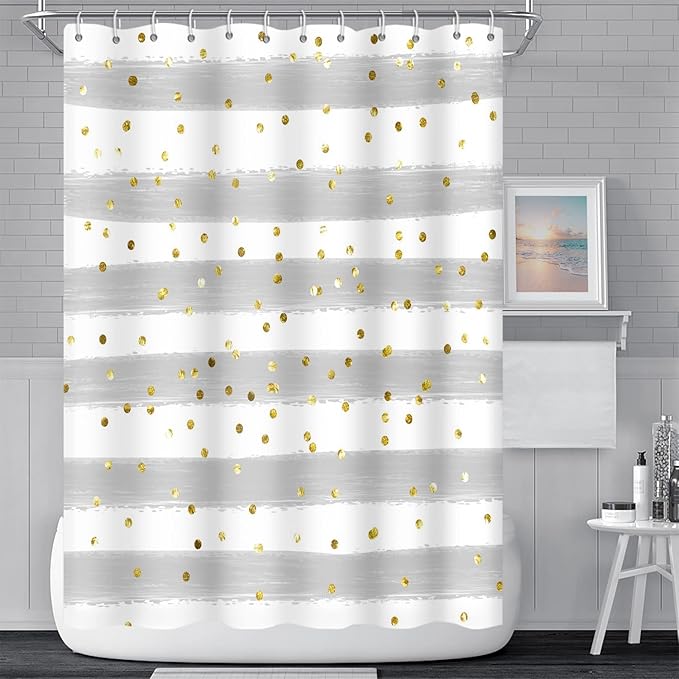 Grey and White Stripes Shower Curtain for Bathroom Abstract Lines Gold Spots Shower Curtain Waterproof Polyester Fabric Modern Art Aesthetics Home Decor Bath Curtain with Hooks, 48x72 Inch