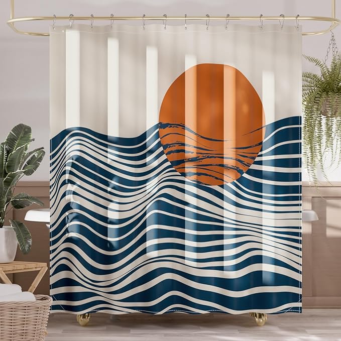 AmazerBath Boho Shower Curtain, 72x72 Washable Cloth Navy Sea and Sunset Shower Curtain with 12 Hooks, Fabric Rustic Shower Curtain Set, Farmhouse Modern Tan Shower Curtains for Bathroom Camper RV