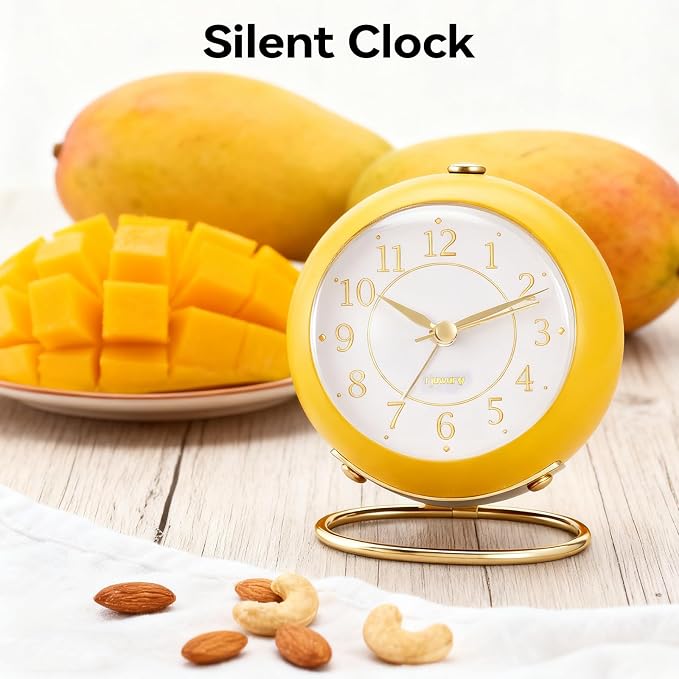 rjuwurv Metal Desk Alarm Clock, Retro Bedroom Table Vintage Analog Silent Non-Ticking Gold Alarm Clock, Bedside Decor(Mango Yellow)