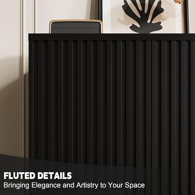 Rophefx Fluted Sideboard Cabinet, 63" Buffet Cabinet with Storage, Credenza Storage Cabinets with Adjustable Shelf, Wood Entryway Cabinets with Pop-up Doors for Living Room, Entryway, Hallway, Black