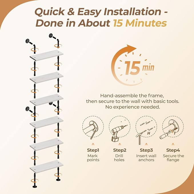 Pipe Shelves, Wall Mounted Wood Metal Industrial Shelves, Ladder Bookshelf for Living Room (White, 10" D x 30" W x 82.5" H)