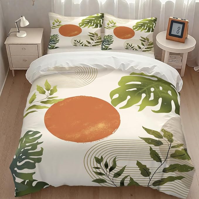 Green Leaf Bedding Set,Mid Century Tropical Plant Palm Leaves Abstract Minimalist Geometic Boho Modern Comforter Set with Pillowcase for Bedroom Bed Decor，Twin 86"x70"