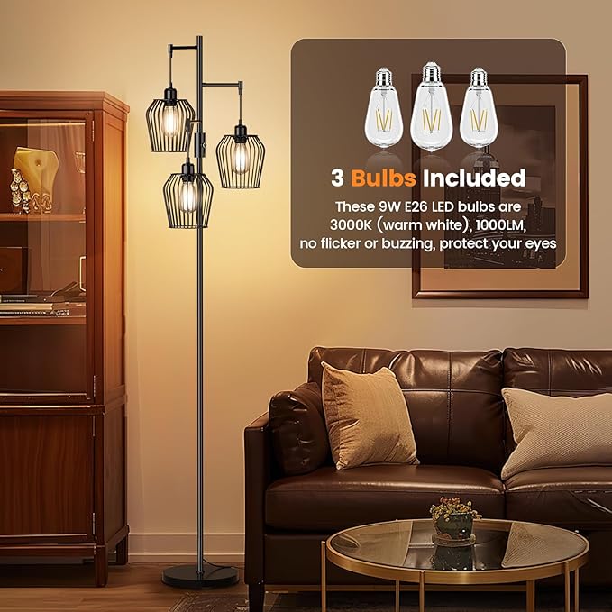 SIBRILLE Dimmable Floor Lamp, Farmhouse Industrial Floor Lamp with Elegant Cage & 3 x 1000LM LED Bulbs, Tall Standing Lamp Black Tree Floor Lamps for Living Room Bedroom Office