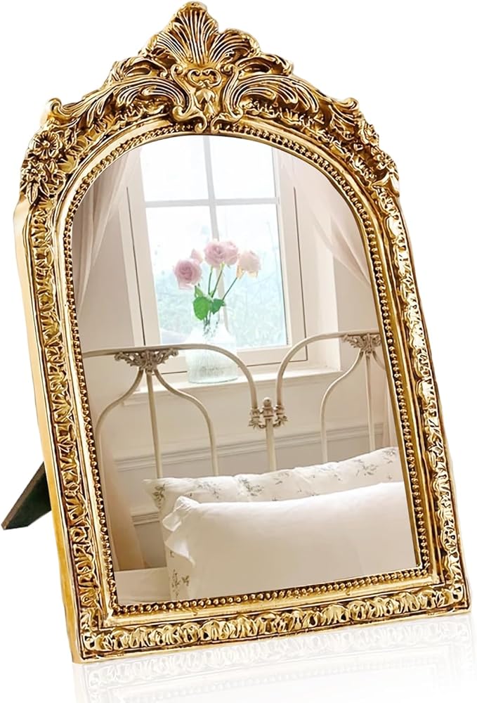 YUSONG Vintage Desk Mirror – 7" Gold Antique Tabletop Mirror with Resin Frame, Decorative Wall Art for Living Room Bedroom Vanity Desk Decor, Birthday Gift