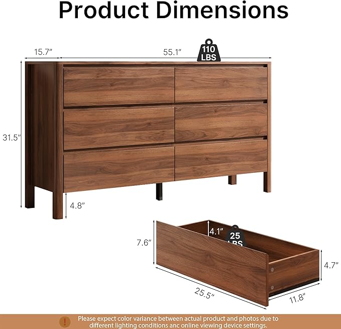 Walnut Dresser for Bedroom, 55.1" Wide Dresser with 6 Drawers and Hidden Handles, Modern Wood Chest of Drawers for Clothes and Accessories, Stylish Storage Cabinet for Living Room, Entryway
