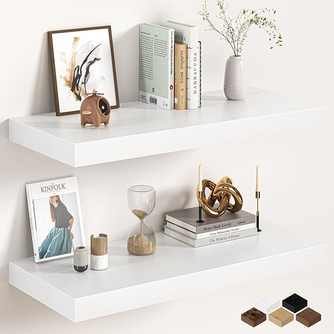 32Inch White Floating Shelves for Wall, 12 Inch Deep Shelves for Bedroom, Kitchen, Bathroom Wall Mounted, Rustic Wood Floating Shelf with Invisible Brackets for Books, Storage, Decor, 2 Packs