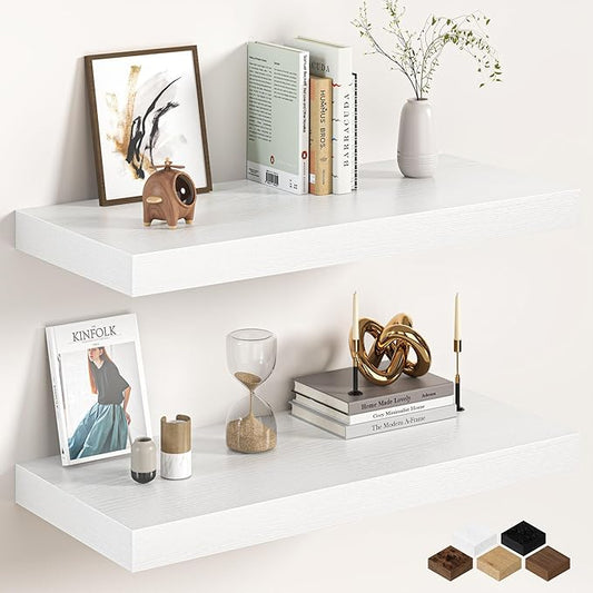 32Inch White Floating Shelves for Wall, 12 Inch Deep Shelves for Bedroom, Kitchen, Bathroom Wall Mounted, Rustic Wood Floating Shelf with Invisible Brackets for Books, Storage, Decor, 2 Packs