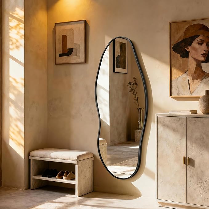 Mirror Full Length - Irregular Full Body Wall Mirror Hanging 55"x 23" Asymmetrical Aviation Aluminum Alloy Frame Unique for Bedroom, Living Room, Cloakroom, Entryway