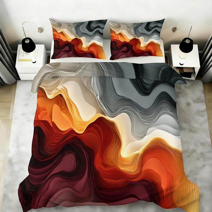 Modern Abstract Duvet Cover Queen Size, Orange Abstract Line Art Bedding Set 3 Piece, Colorful Patterned Comforter Cover with Zipper Soft Microfiber, 2 Pillowcases