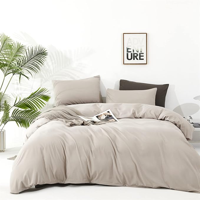 Pureant Beige Khaki Comforter Set Queen Size Light Khaki Bedding Set 3PCS Solid Oatmeal Comforter Modern Soft Women Men Cream Coffee Bedding Light Taupe Queen Size Quilts Cotton Champagne Bedding