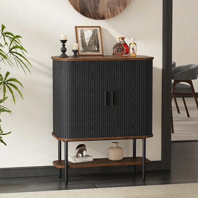 FiveWillowise Black Coffee Bar Cabinet with Storage, Fluted Wine Liquor Cabinet with Sliding Doors, Glass Holder and Wine Rack, Buffet Sideboard for Kitchen, Dining Room, Living Room