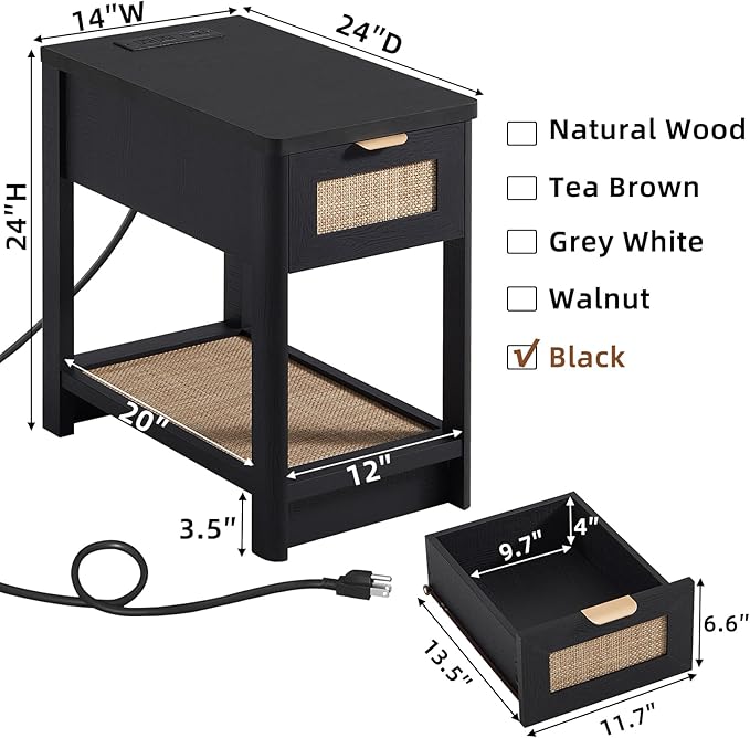 Lerliuo Narrow Night Stand Set of 2 with Charging Station, Boho Nightstand with Drawer, Bed Side End Table with Rattan Shelf for Small Spaces, Wood Nightstands Bedside Tables for Living Room Bedroom