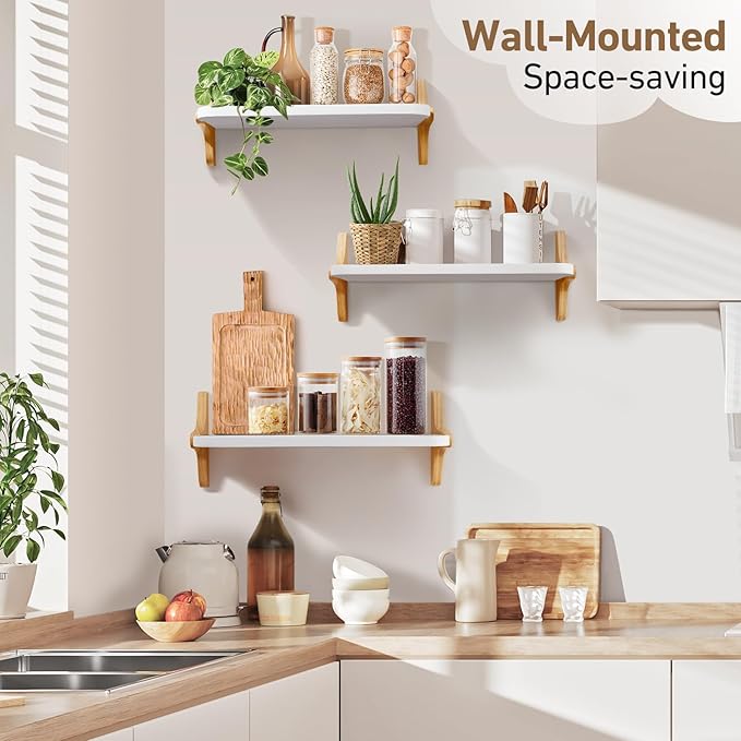 Wooden Floating Shelves for Wall, 15.7" W x 5" D x 0.6" H Large Wall Shelves, Hanging Storage Shelf with Sturdy Brackets for Living Room, Kitchen, Bathroom, Bedroom Decor, Walnut, 3 Packs