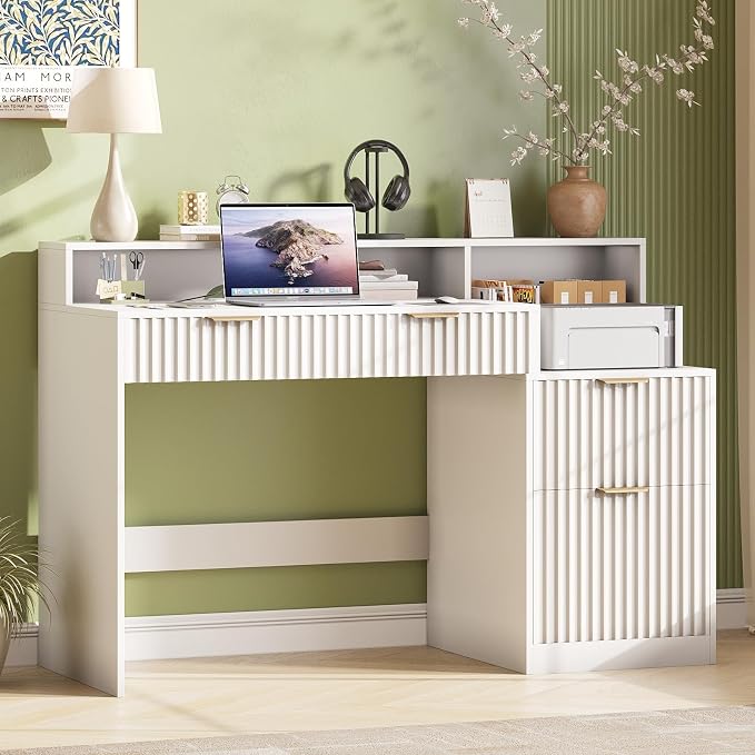 Vabches Fluted Computer Desk with Power Outlets, Home Office Desk with Drawers, Printer Stand, Wood Computer Desk with Long Monitor Stand, White