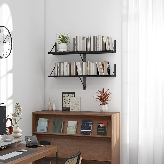 Heimlove Floating Shelves for Wall Set of 3,Light Wood Wall Mounted Bookshelf Decorative Shelf for Living Room Bathroom Bedroom Kitchen Laundry Pictures Plants Books Cats TV,Black