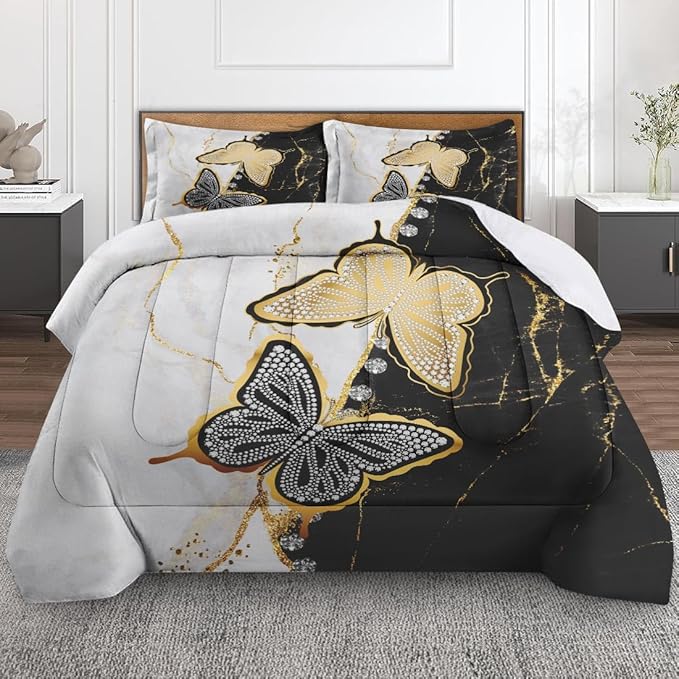 Marble Black Gold King Comforter Set, Butterfly Crystal Diamond Silver Bedding Set 3 Piece, All Season Soft Toddlers Children Adults Bedroom Bed Decoration Comforter and 2 Pillow Shams