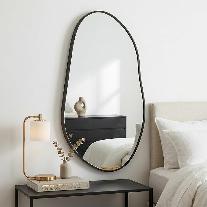 32 x 16.5 Inch Irregular Wall Mirror, Asymmetrical Black Decorative Mirror with Matte Aluminum Frame, Tempered Glass Organic Shape Mirror for Entryway, Bathroom, Bedroom, Vanity & Hallway