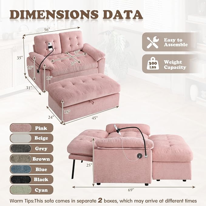 Oversized Chaise Lounge Chair Indoor with Ottoman&Adjustable Backrest,Chenille Tufted Recliner Comfy Loveseat Sofa Chair with USB&Phone Holder,Convertible Sleeper Couch Bed for Living Room(56"W,Pink)