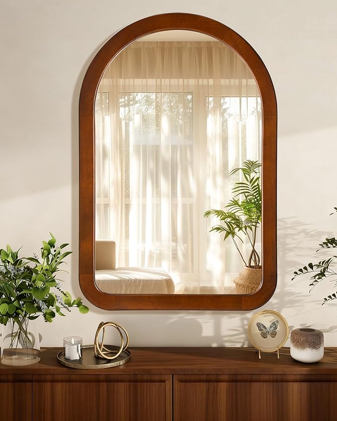 Arched Mirror 24 x 36 Inch,Walnut Brown Wood Rustic Bathroom Tempered Wall Mirror with Wood Frame,Round Corner Arch Farmhouse Wooden Vanity Mirror for Living Room,Entryway or Bedroom