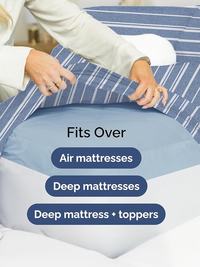 Extra Deep Queen Sheet Set - 6 Piece Breathable and Cooling Sheets - Hotel Luxury Bedding for Women, Men, Kids & Teens - Easy Secure Fit - Soft and Wrinkle Free with Extra Deep Pockets - Blue Stripes