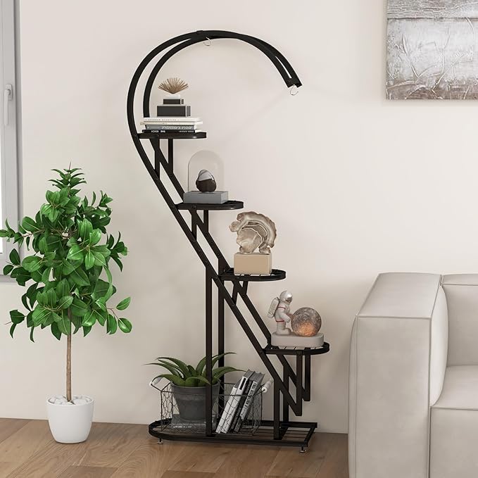 Giantex 5 Tier Metal Plant Stand Indoor, Creative Heart-shaped Ladder Plant Shelf with Hanging Hook for Multiple Plants, Tiered Flower Display Shelf, Tall Plant Stand for Valentine's Day Home Holiday