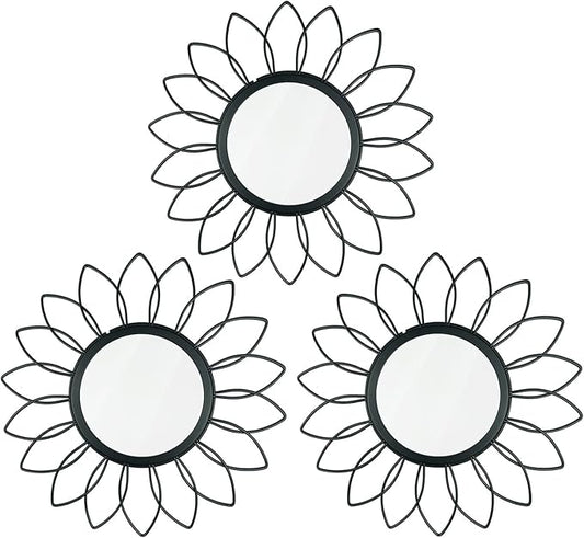 3 Pack Metal Mirrors for Wall Sunburst Wall Mirrors Home Décor Decorative Hanging Wall Art for Living Room Bedroom Entryway (Black, Flowers)