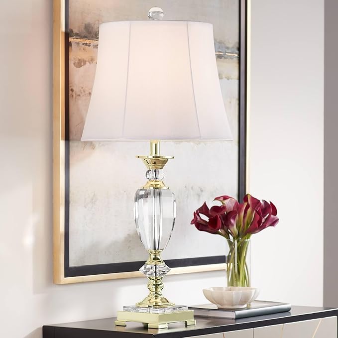Vienna Full Spectrum Traditional Table Lamp 31" Tall Brass Gold Faceted Clear Crystal White Flared Bell Fabric Shade for Bedroom Living Room Nightstand Bedside Office House Home Family Entryway