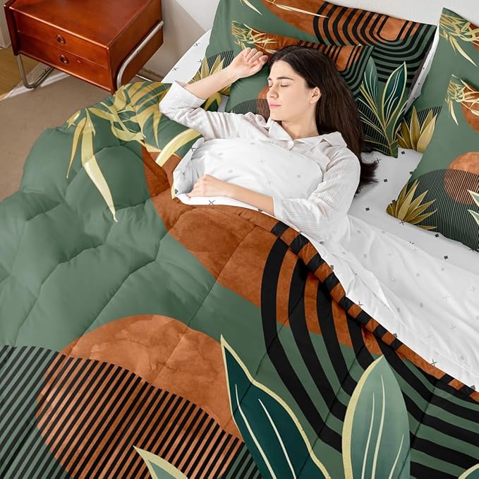 Erosebridal Mid Century Comforter Set King Size Vintage Bohemian 7 Pcs Bedding Sets,Modern Minimalist Bed in a Bag Abstract Geometric Stripes Art Quilt with Flat Fitted Sheet,Green Orange