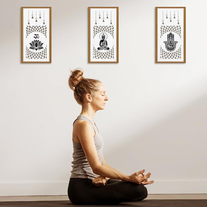 Ausril 3 Pcs Boho Lotus Wall Decor,Abstract Lotus Wood Wall Art Bohemian Yoga Hanging Decor Nature Neutral Artwork Decoration for Farmhouse Bedroom Living Room 7.9 x15.8 Inch
