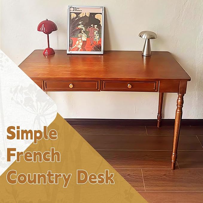 Solid Wood French Country Desk,Writing Desk with Storage Drawers,Farmhouse Computer Table Makeup Table Modern Simple Style,for Home Office Living Room Study Workspace Bedroom (Walnut, 47.2IN)