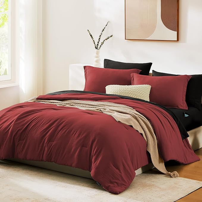 WRENSONGE Full Size Comforter Sets, 7 Pieces Bright Red Bed in a Bag with Fitted Sheet, Flat Sheet, 2 Pillow Shams, 2 Pillowcases, Warm Bedding Sets for All Season