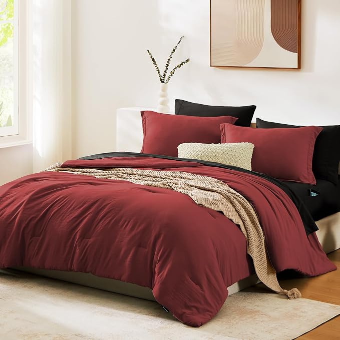WRENSONGE Queen Comforter Set- 7 Pieces Soft Bright Red Bed in a Bag with Fitted Sheet, Flat Sheet, 2 Pillow Shams, and 2 Pillowcases- Warm Bedding Sets Queen for All Season
