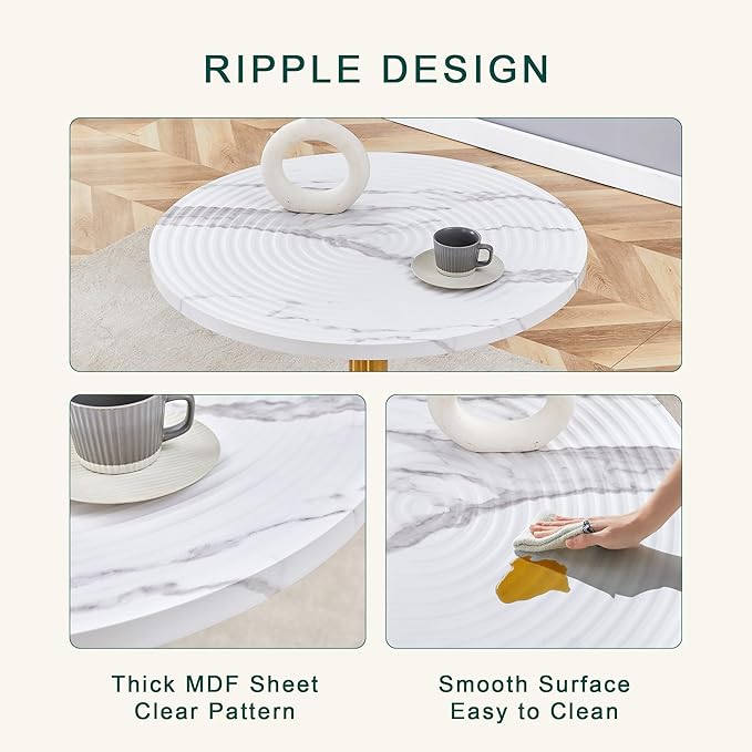 31.5 Inch Round Dining Table for 2-4 Person,Mid-Century Modern White Tulip Kitchen Table, Faux Printed Marble Top with Suction Molding Annular Texture and Gold Metal Base