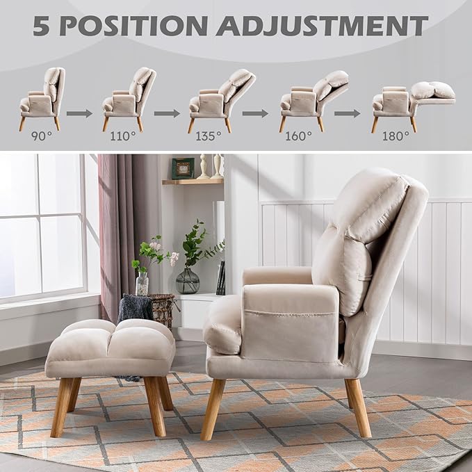 Accent Chair with Ottoman Comfy Reading Chair Armchair with Adjustable Backrest and Side Pockets Soft Fabric Leisure Sofa for Bedroom, Living Room, Dorm Rooms, Garden, Beige