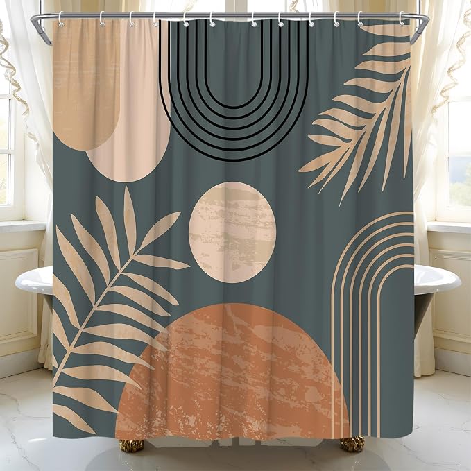 Mid Century Modern Shower Curtain Boho Grey Abstract Retro Aesthetic Fabric for Bathroom Decor Bathtub with Hooks (70" WX84 H)