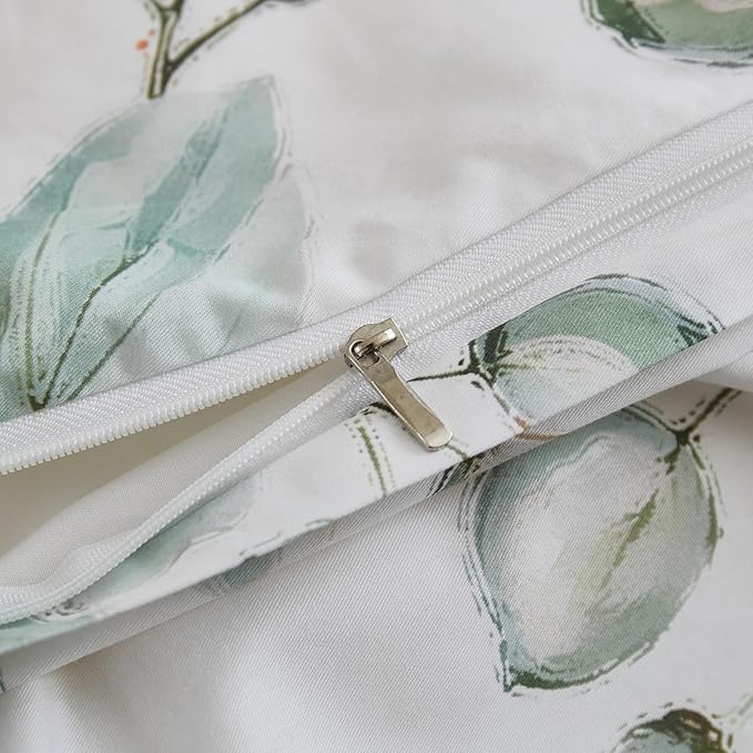 100% Cotton Duvet Cover Queen Size – Eucalyptus Botanical Print Green Floral Duvet Cover Set, 3-Piece Soft Breathable Natural Premium Cotton Bedding Set for All Seasons