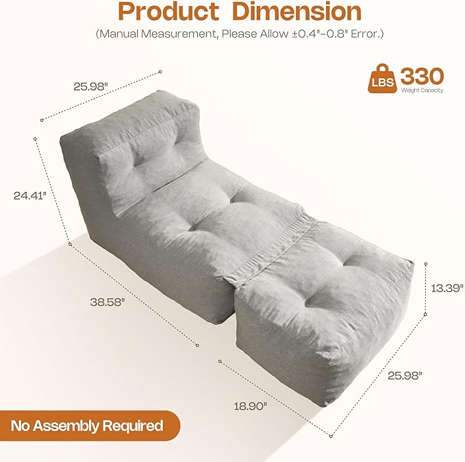 Outdoor Indoor Bean Bag Chair with Ottoman, 2-in-1 Lounge Beanbag with Foam Filling, Waterproof Outdoor Bean Bag & Full-Body Support for Patio Deck Poolside Backyard, Dark Gray