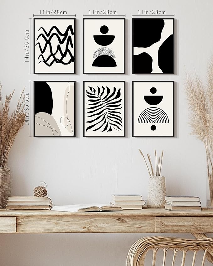Drsoum Abstract Boho Wall Art Minimalist Geometric Framed Boho Room Decor Black Line Art Mid Century Modern Prints Bohemian Living Room Bedroom Ready to Hang 11x14inx6pcs (Black Framed)