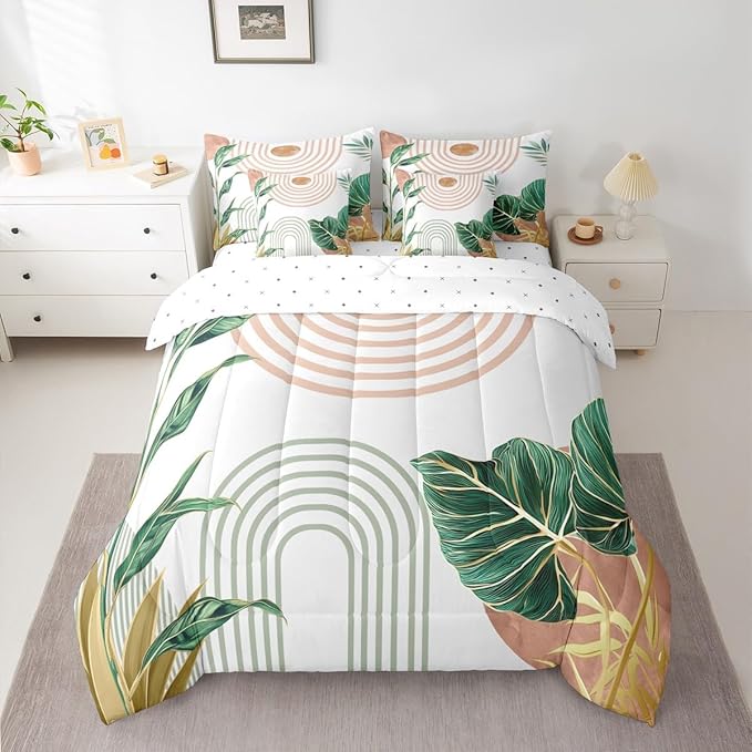 Erosebridal Pink and Green Boho King Comforter Set with Sheets 7 Piece Aesthetic Mid Century Bed in A Bag Simple Line Botanical Leaf Art Bedding Sets for Teens Modern Minimalist Tropical Bed Set