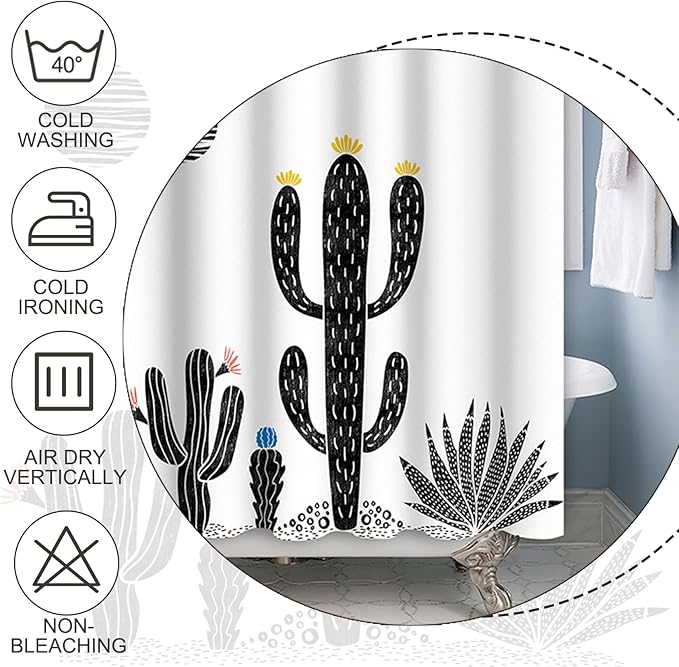Baocicoo Boho Cactus Shower Curtain Tropical Plants Minimalism Floral Abstract Moon Black and White Shower Curtains for Hotel Home Bathroom Polyester Waterproof Fabric with Hooks 48x72 Inches