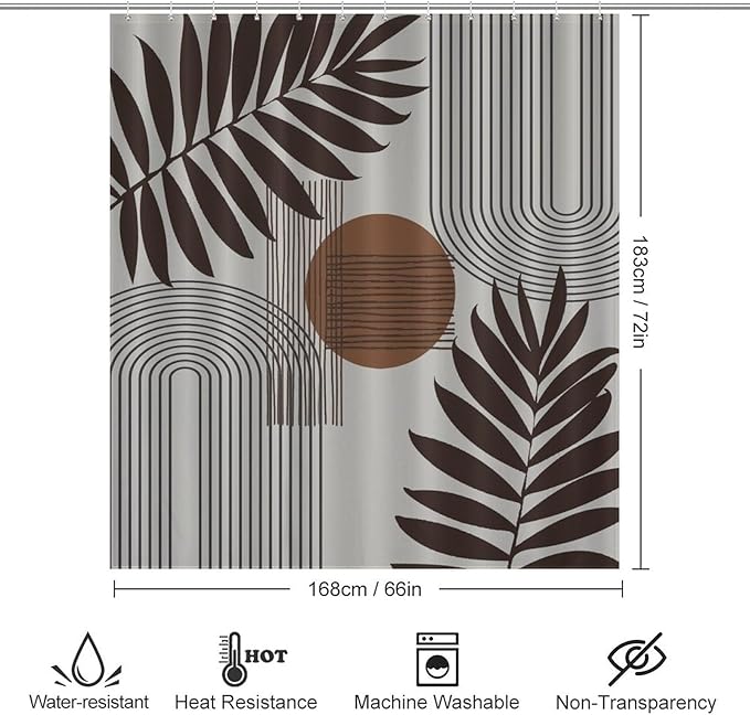 Mid Century Abstract Boho Shower Curtain Geometric Neutral Beige Modern Leaf Plant Semicircle Art Waterproof Shower Curtains for Bathroom Decor 12 Pack Hooks 66x72in（168x183cm）
