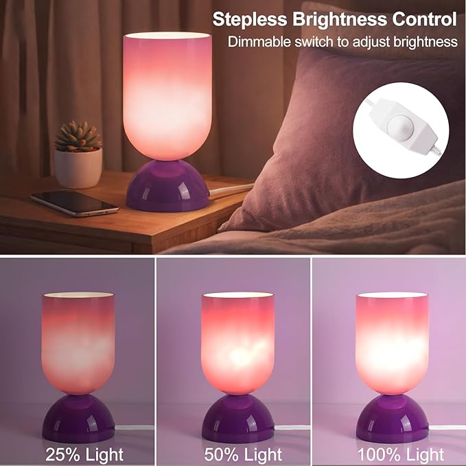 8.9" Modern Glass Table Lamp for Living Room, Dimmable Desk Lamps for Bedroom, UL Listed Nightstand Lamp with Dome Base, End Table Lamps for Home, Side Tables, College Dorm, Office, Glossy Purple
