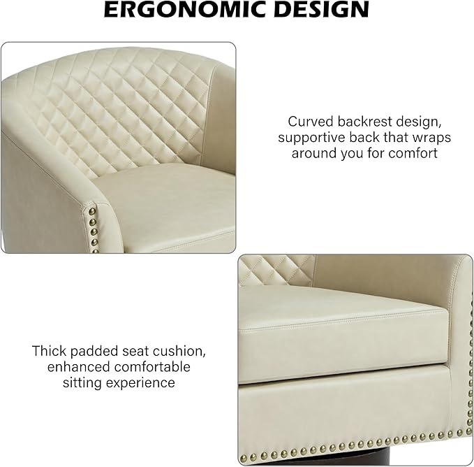 Swivel Barrel Accent Chair, Comfy Modern Upholstered Round Faux Leather Arm Chair for Living Room, Bedroom - Beige, Set of 2
