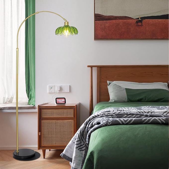 Arc Floor Lamps for Living Room, Gold Floor Lamp with Remote, Glass Standing Lamp for Bedroom, Green Flower Lamp with LED Bulb, Height Adjustable Tall Lamps for Office, Modern Stand Up Lamp Decor