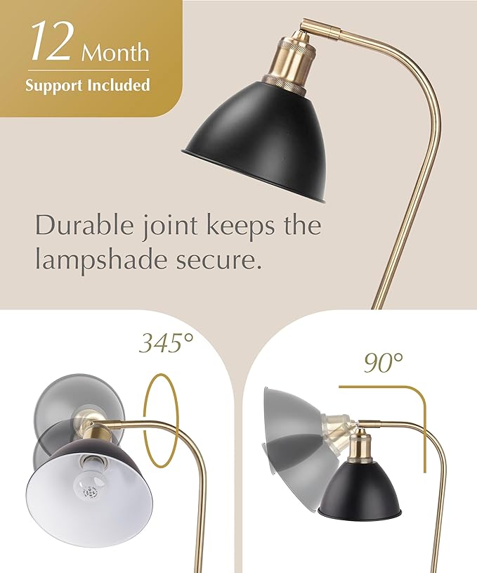 HarvestLand Halo Black and Brass Desk Lamp – Adjustable Desk Lamp with Metal, Industrial Table Lamp with Solid Base for Home Office, Bedside Table Lamps, Task Lamp, Reading lamp, Great Gifts