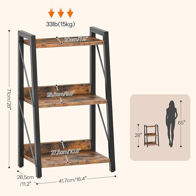 HOOBRO Ladder Shelf, 3-Tier Bookshelf, Corner Bookcase, Small Bookshelf with Metal Frame, for Living Room, Bedroom, Home Office, Kitchen, Rustic Brown and Black BF303CJ01