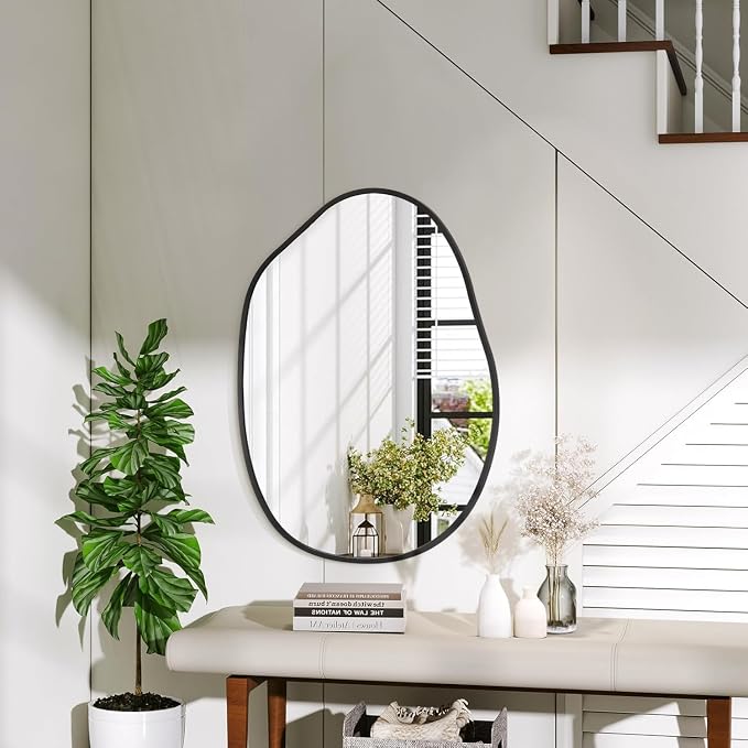 Black Irregular Wall Mirror Asymmetrical Bathroom Mirror Metal Framed Mirrors Decorative Bedroom Living Room Vanity Entryway 26''x18''